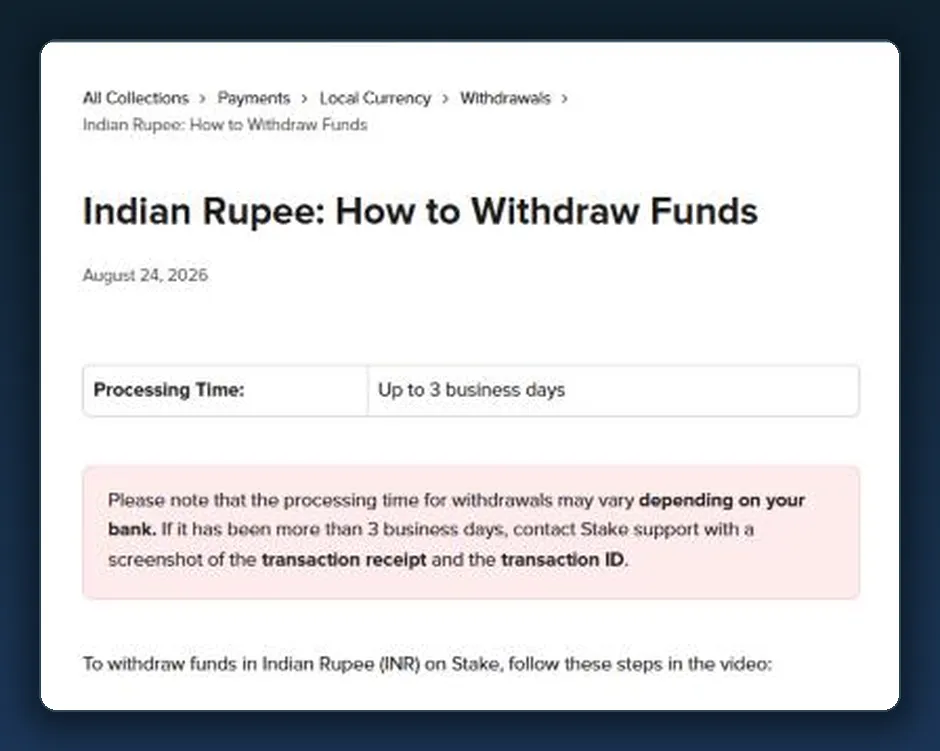Help-centre article on Indian Rupee withdrawals: up to 3 business days