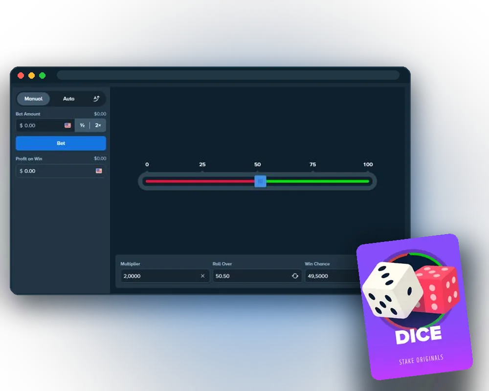 Dice game window on stake.com