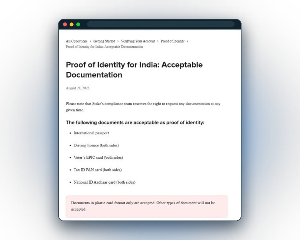 Help-centre article on Indian identity documents