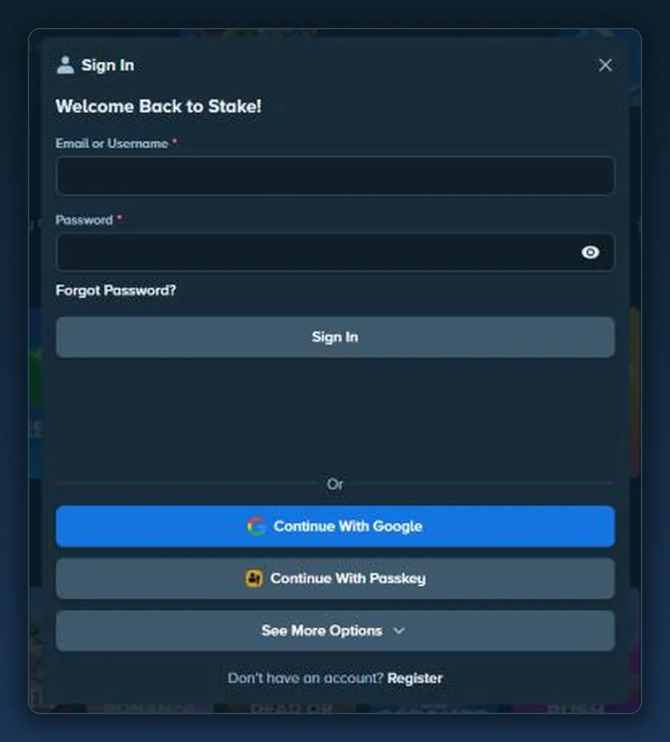 Sign In window on stake.com: e-mail or username, password, Google and passkey options