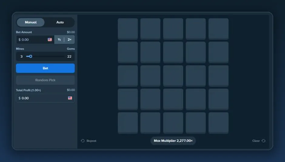 Mines game window on stake.com: bet amount, mines slider and the 5×5 grid