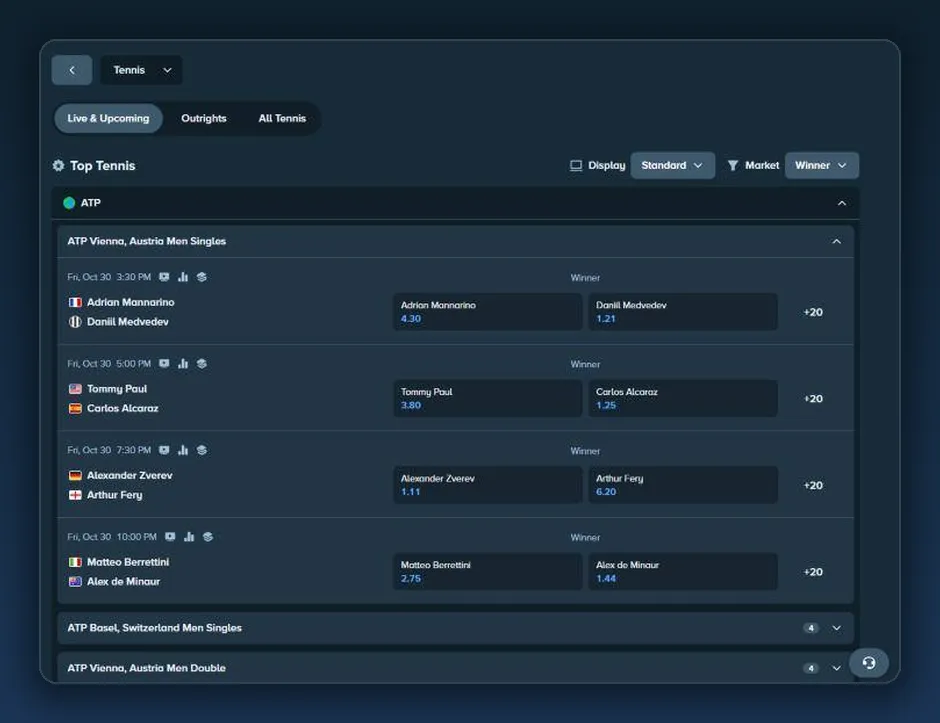 Tennis page of the stake.com sportsbook with ATP Vienna match winner prices